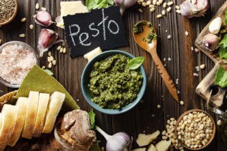 Flat lay view at food background with genovese pesto sauce and its ingredients on wooden kitchen
