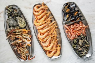 Mixed fresh portuguese seafood selection gourmet set platter meal on table