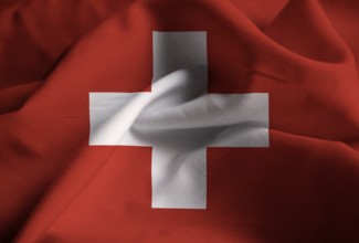 Closeup of Ruffled Switzerland Flag, Switzerland Flag Blowing in Wind