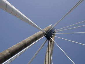 A geometric close up of the supports and cables of the suspension bridge in southport merseyside