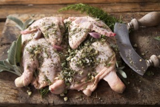 Preparation of a whole chicken with Mediterranean herbs
