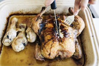 Woman carving homemade whole roasted chicken on plate
