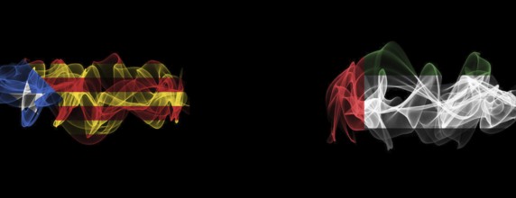 Flags of Catalonia and UAE on black background, Catalonia vs United Arab Emirates smoke flags