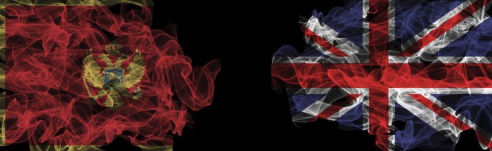 Flags of Montenegro and United Kingdom on Black background, Montenegro vs United Kingdom Smoke