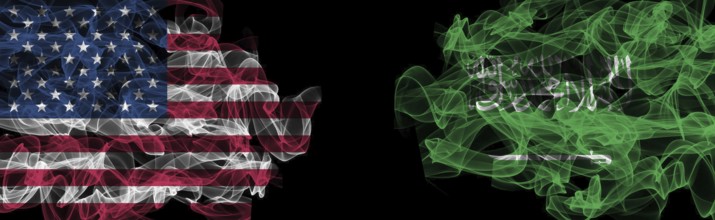 Flags of USA and Saudi Arabia on Black background, USA vs Saudi Arabia Smoke Flags