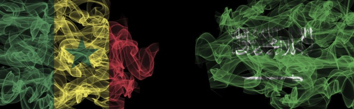 Flags of Senegal and Saudi Arabia on Black background, Senegal vs Saudi Arabia Smoke Flags