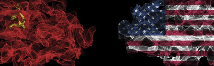 Flags of USSR and USA on Black background, USSR vs USA Smoke Flags
