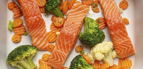 Top view of baking dish casserole with raw uncooked fish salmon steaks, broccoli, cauliflower,