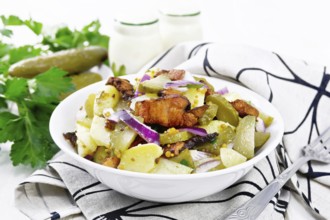 Salad of boiled potatoes, fried bacon, red onions and pickled cucumbers, seasoned with grain