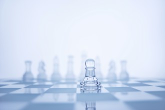 A photo of pawns standing in front of a chess set of the same colour