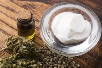 Cannabis oinment natural product. Cosmetic cream from natural hemp, moisturizing lotion with CBD