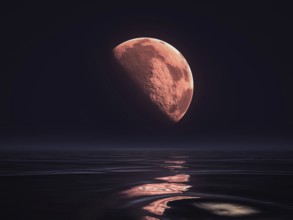 2d illustration of a red moon rising over the ocean