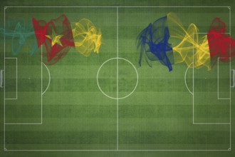 Cameroon vs Romania Soccer Match, national colors, national flags, soccer field, football game,