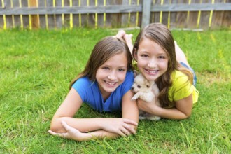Twin sister kid girls and puppy dog happy playing with pet lying in backyard lawn