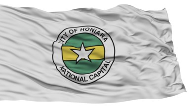 Isolated Honiara City Flag, Capital City of Solomon Islands, Waving on White Background, High