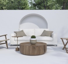 Patio setup with a white couch, wooden elements, and surrounding greenery