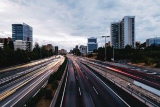 M30 motorway in Madrid at sunset. Long exposure with traffic light trails