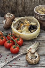 Vegetable hot plate made of baked dough cooked in rustic style.photo tinted