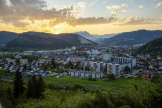 Evening mood, sunset over the Reiting massif, view of Göß, district of Leoben, Styria, Austria,
