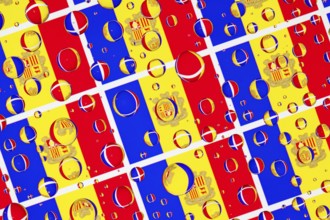Flags of Andorra, behind a glass covered with rain drops.Pattern from Andorra flags. 3D