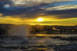 Geysir geyser and sunrise Iceland. Shooting Location: Iceland, Reykjavik