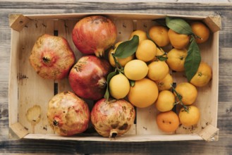 A wooden box with tangerines, lemons and pomegranates. Fruits collected in the autumn garden.
