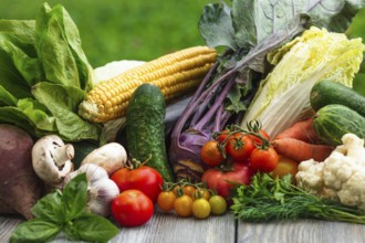 Various vegetables on a wooden table with copy space