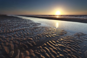 Sand beach at low tide and sunset, North Holland, Netherlands