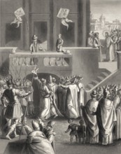 The Sanhedrin trial of Jesus, New Testament, steel engraving 1853, digitally restored