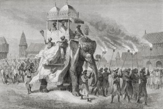 Maharaja of Baroda riding on elephant in procession, India, Asia
