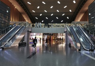 Doha, Qatar, March 8 2020: The luxury interior of the Hamad international airport, the base of