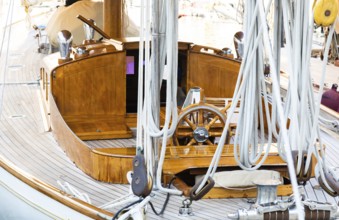 Luxury yacht. Comfortable expensive wooden design and furniture for holiday recreation tourism or