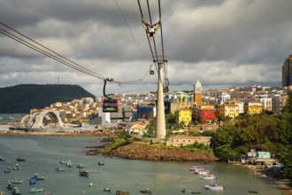 Cable cars over a city with colorful buildings by the waterfront under a cloudy sky, cable car,