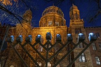 Germany, Berlin, 02.01.2025, Hanukkah candlestick New Synagogue, Oranienburger Straße, Europe