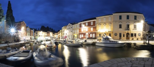 Veli Losinj harbour, blue hour at dusk, panoramic shot, Veli Losinj, Kvarner Bay, Croatia, Europe