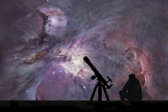 Man with telescope looking at the stars. The Orion Nebula Messier 42 diffuse nebula in