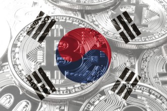 South Korea bitcoin flag, national flag cryptocurrency concept black background
