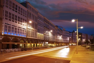 La Coruna facades sunset near Port in Galicia of Spain
