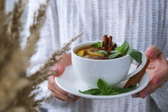 Female hands on sweater holding tea with lemon, cinnamon sticks and mint leaves. Hot drink. Healthy