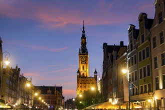 Illuminated Main Town Hall in Gdansk at sunset, Poland, Europe