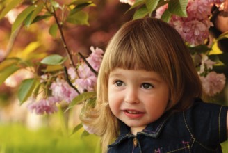 Little girl in garden, under the sakura tree