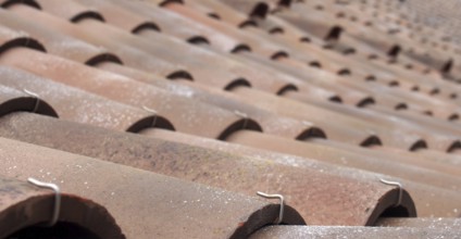 A selective focus perspective view of traditional portuguese curved clay roof tiles