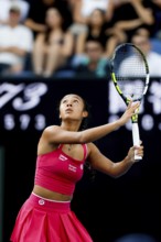 MELBOURNE, AUSTRALIA - JANUARY 12: Leylah Fernandez of Canada plays against Yuliia Starodubtseva of