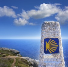 End of Saint James Way sign of Finisterre in Galicia Spain photomount