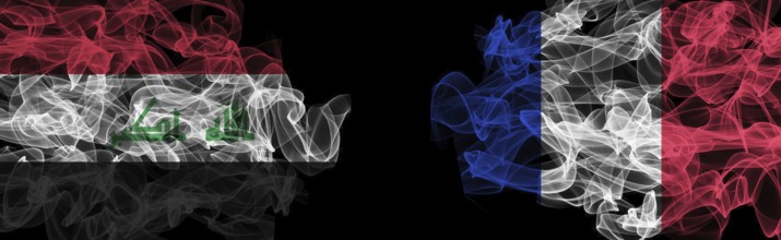 Flags of Iraq and France on Black background, Iraq vs France Smoke Flags