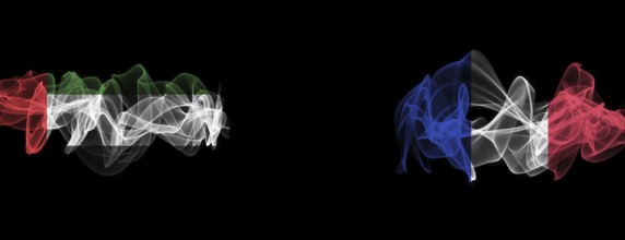 Flags of UAE and France on Black background, UAE vs France Smoke Flags