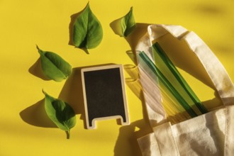 Reusable glass Straws on colorful background with green leafs in eco bag Eco-Friendly. Empty