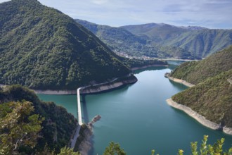 Pivsko jezero, Piva reservoir, behind the village of Plužine, bridge over the reservoir,