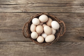 Organic chicken eggs in basket on wooden background. Organic household concept with eggs from