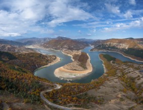 A drone view of the Kardzhali reservoir and Arda River Bends in Bulgaria